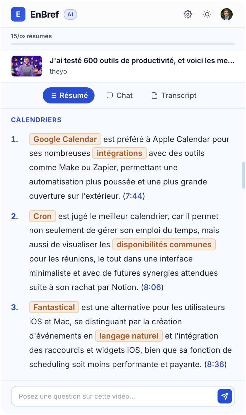 Interface EnBref — résumé structuré avec timecodes, mots-clés surlignés et chat IA